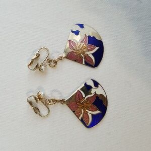 Vintage Clip On Goldtone Cloisonne Earrings